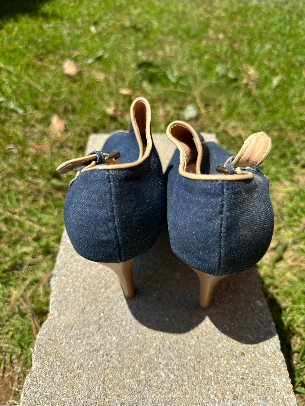 Avon Denim Peep-Toe Slingback Heels - Navy with Tan Trim